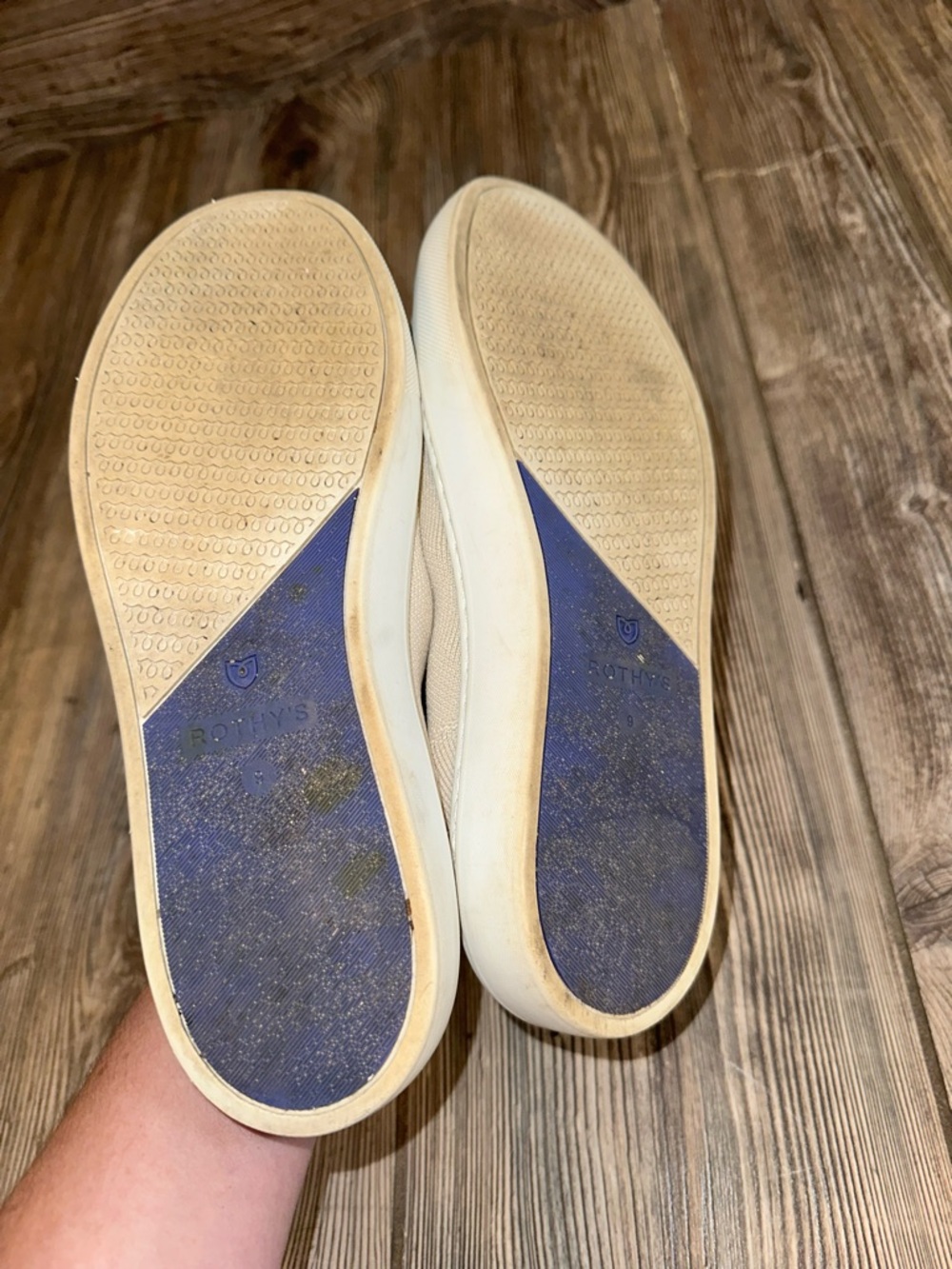 Rothy’s The Original Slip-On Sneakers in Sand Cream Tan with Blue Accent Women 9 - Picture 10 of 14